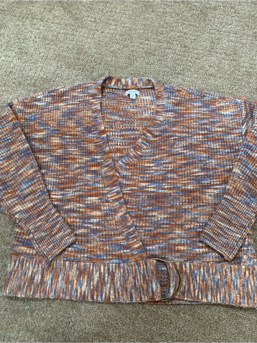 Nine West Multicolor Orange Cream & Blue V-Neck Belted Cardigan